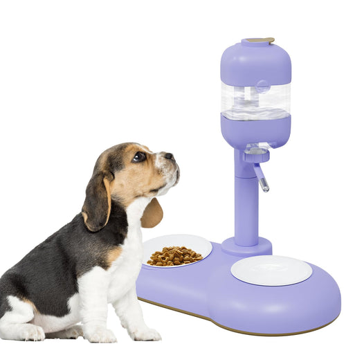 Dog next to a purple pet water and food dispenser on a white background