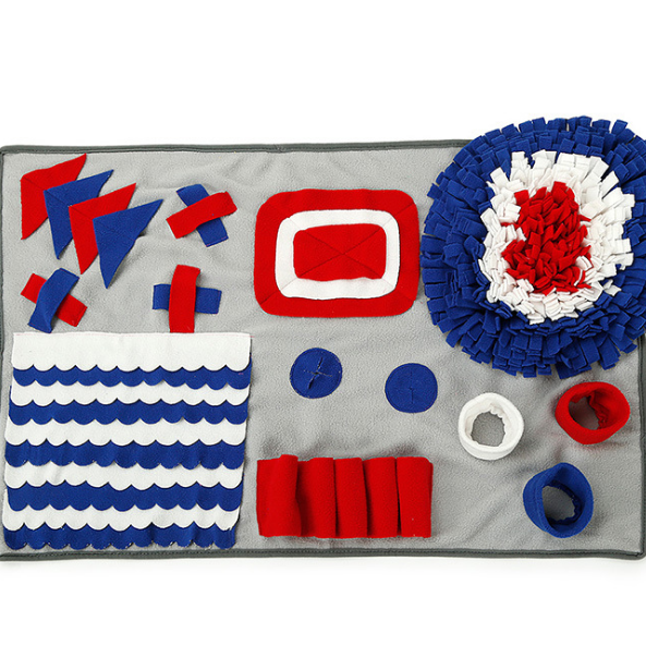 Colorful educational toys on a gray mat with red, blue, and white colors.