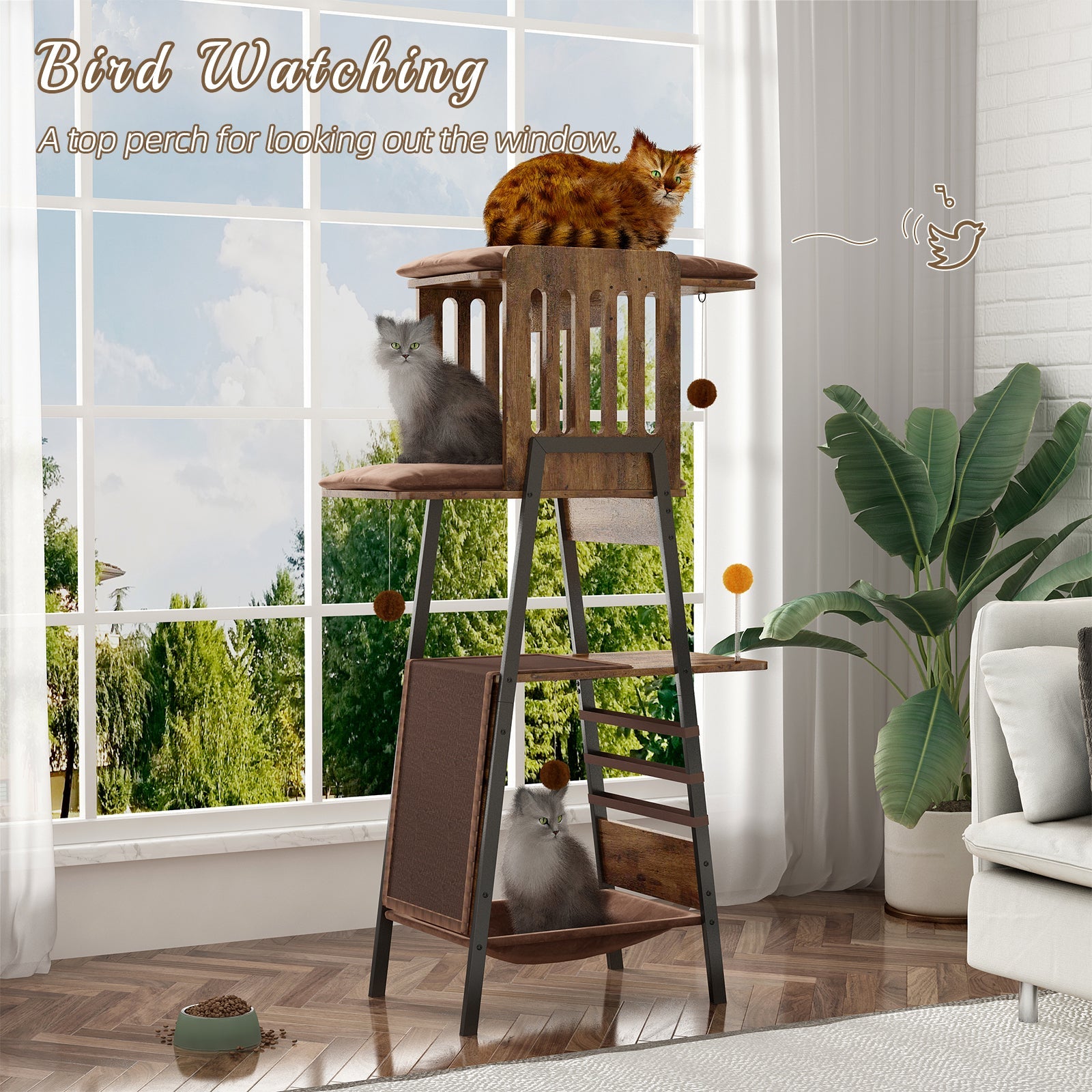 Modern Wooden Cat Tree – 58" Large Cat Tower