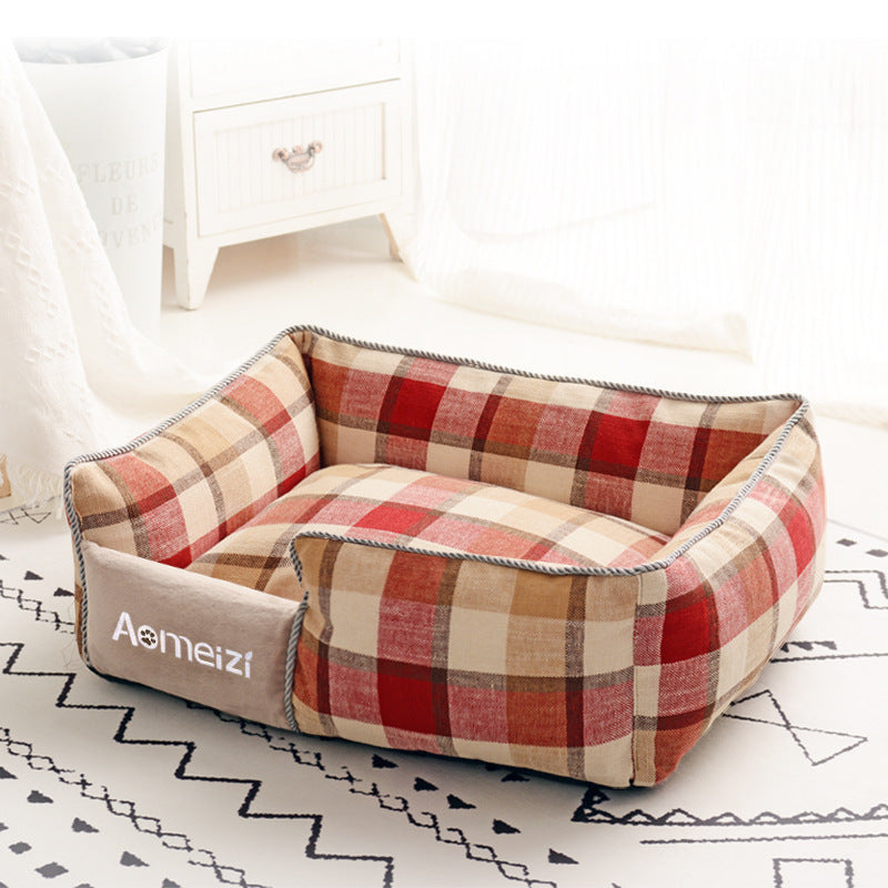 Velvet Plaid Pet Bed | Washable Mat | Blue, Gray & Red | Sizes S–L