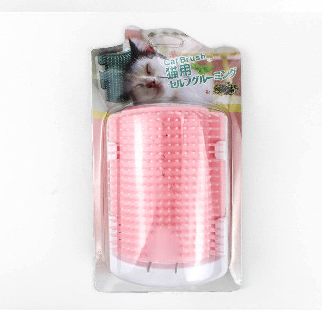 Pink pet brush in packaging with text on a white background