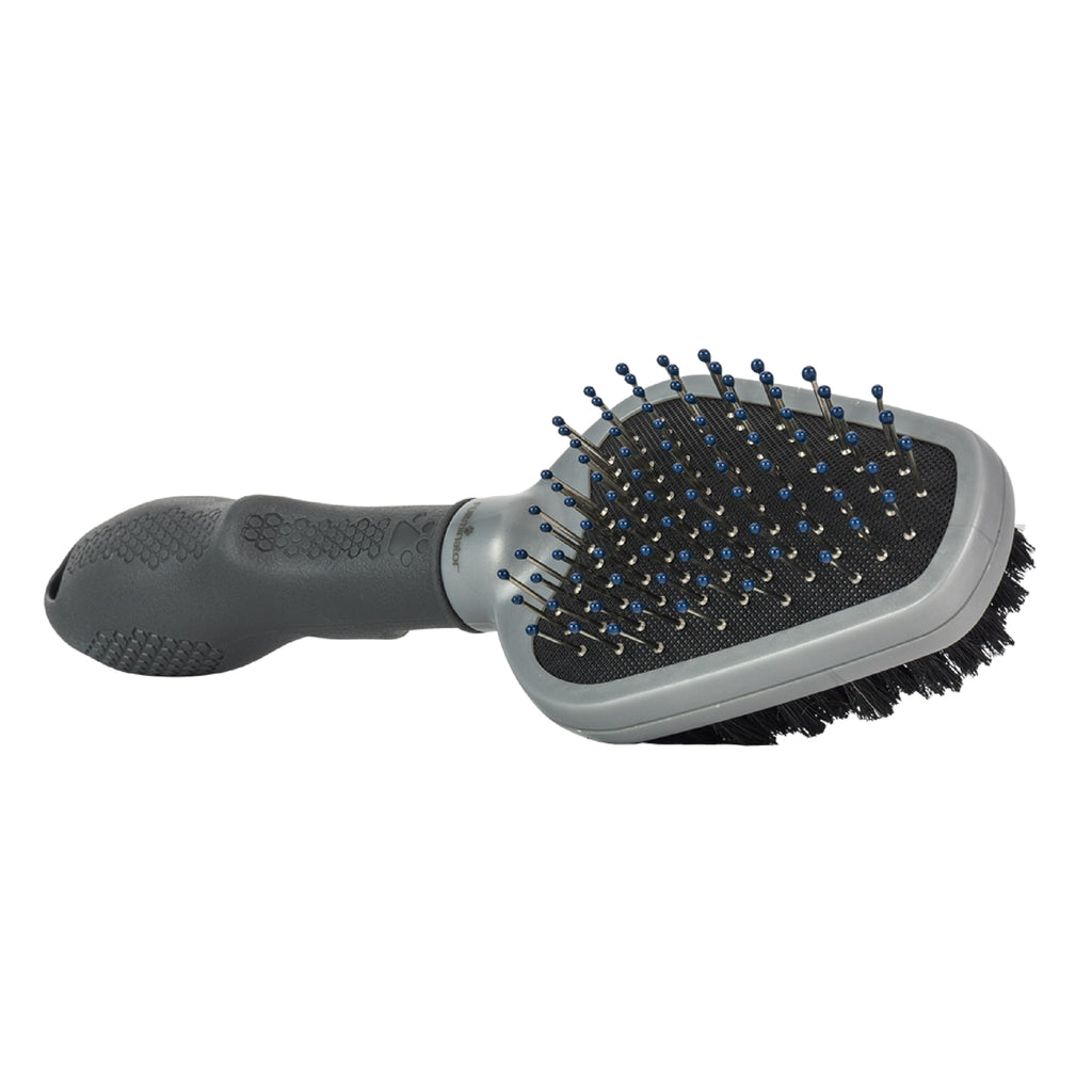 Gray pet grooming brush with bristles on a white background