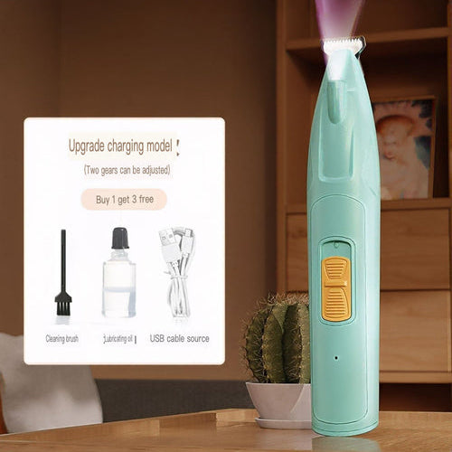Green handheld device with a light on a wooden surface, next to a product display card.