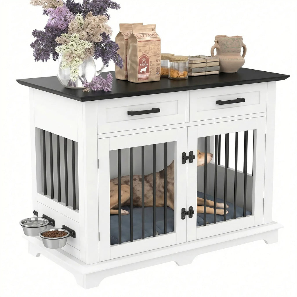 Wooden Dog Crate Furniture with Storage Drawers & Rotating Bowls – 44.48"