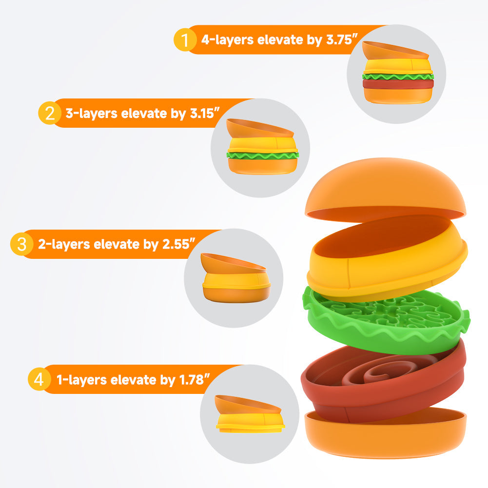 Stackable toy hamburger with height increments labeled on a white background