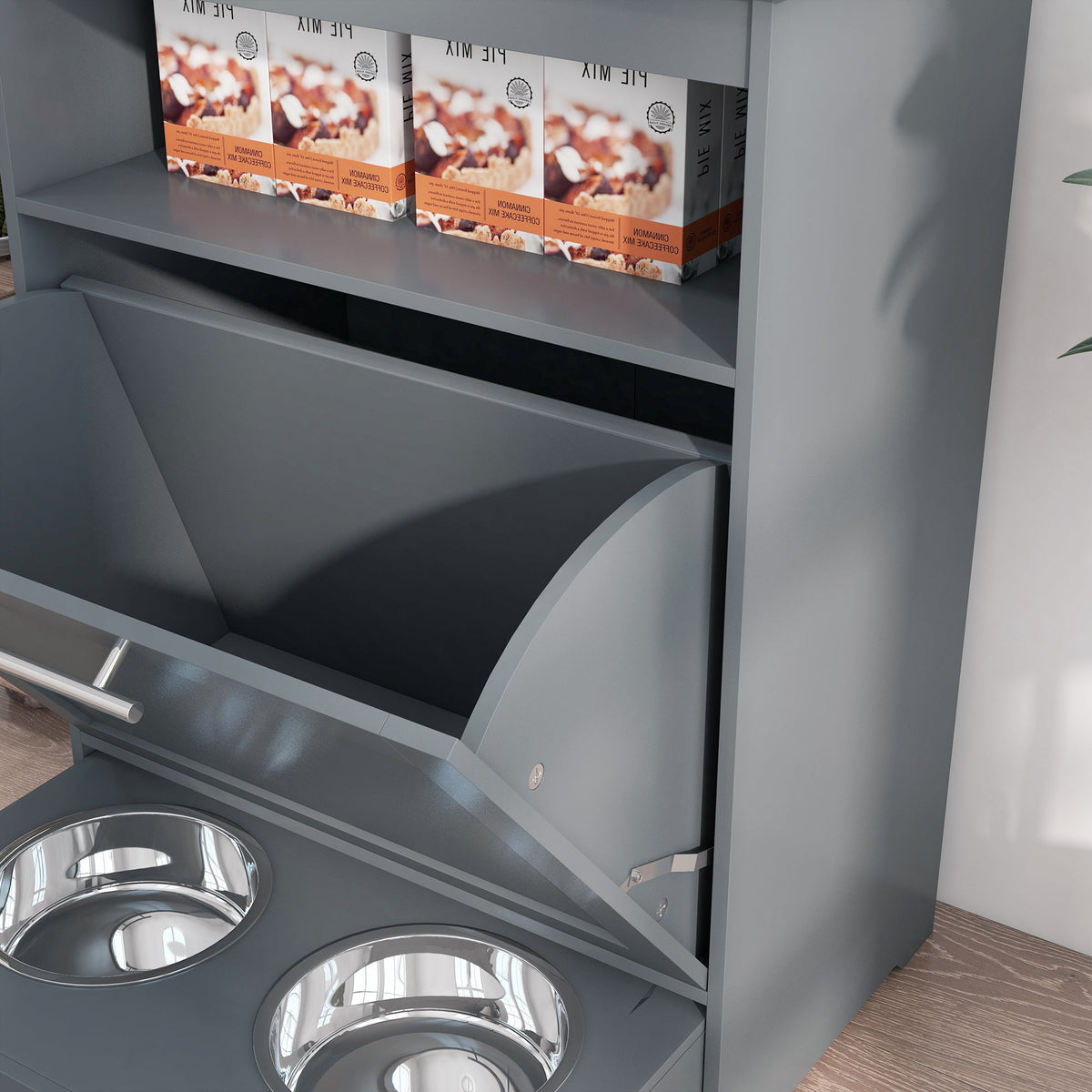 PawHut Pet Feeder Station Cabinet — Raised Bowls, Pull-Out Drawer, Storage Hooks, MDF (Grey, 32")