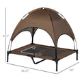 Brown pet cot with canopy and dimensions on a white background
