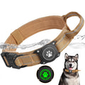 Brown dog collar with a black device and paw print design, featuring water resistance graphics.