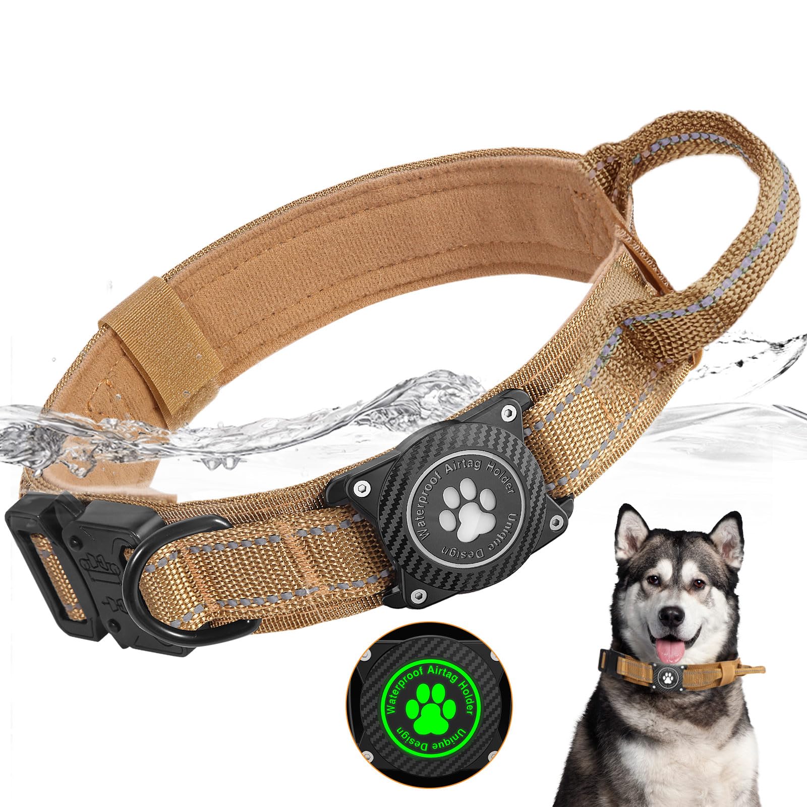 Brown dog collar with a black device and paw print design, featuring water resistance graphics.