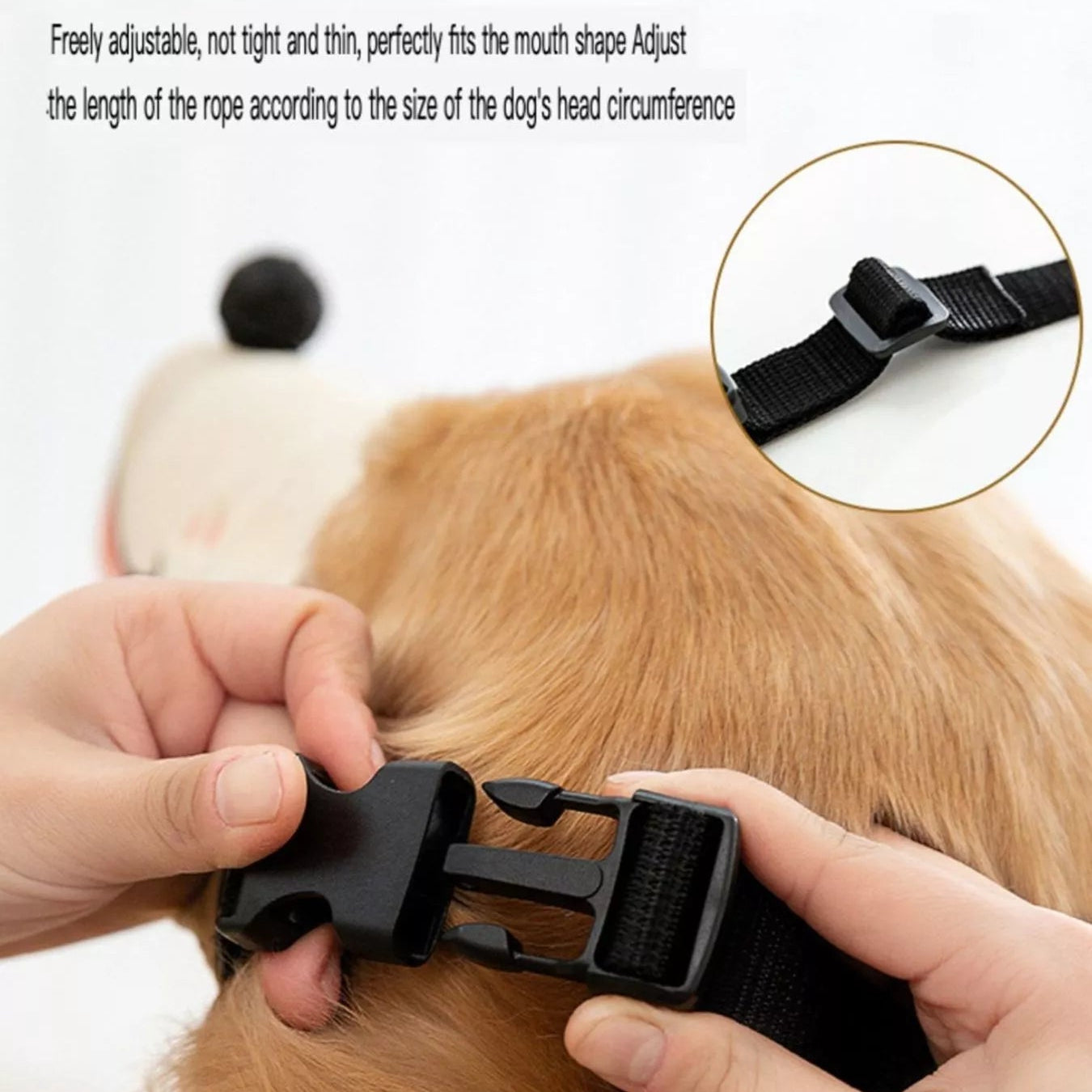 Person adjusting a black dog muzzle on a dog's head with text about adjustable fit.