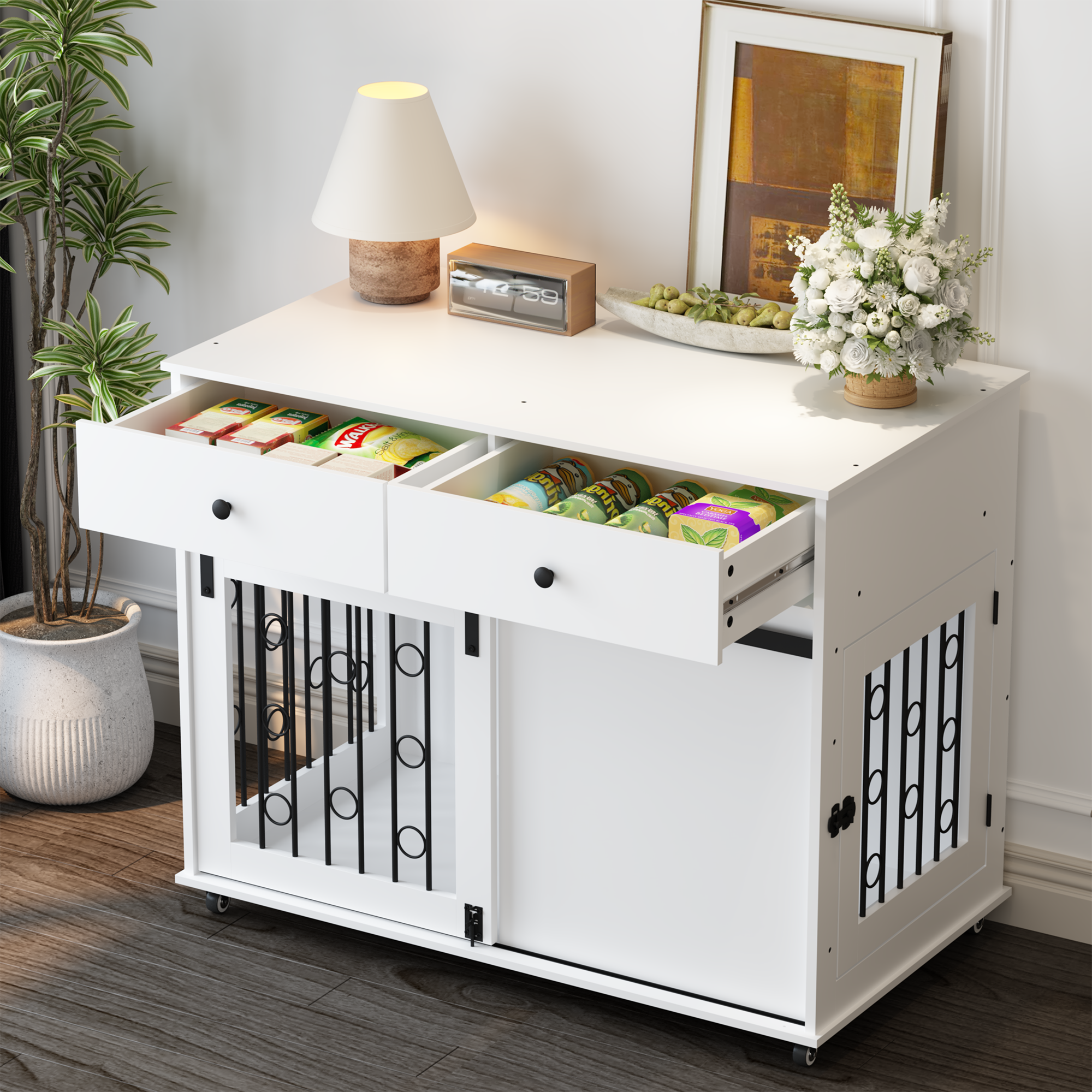 Modern Wooden Dog Crate Furniture with Sliding Barn Door – Indoor Pet Kennel