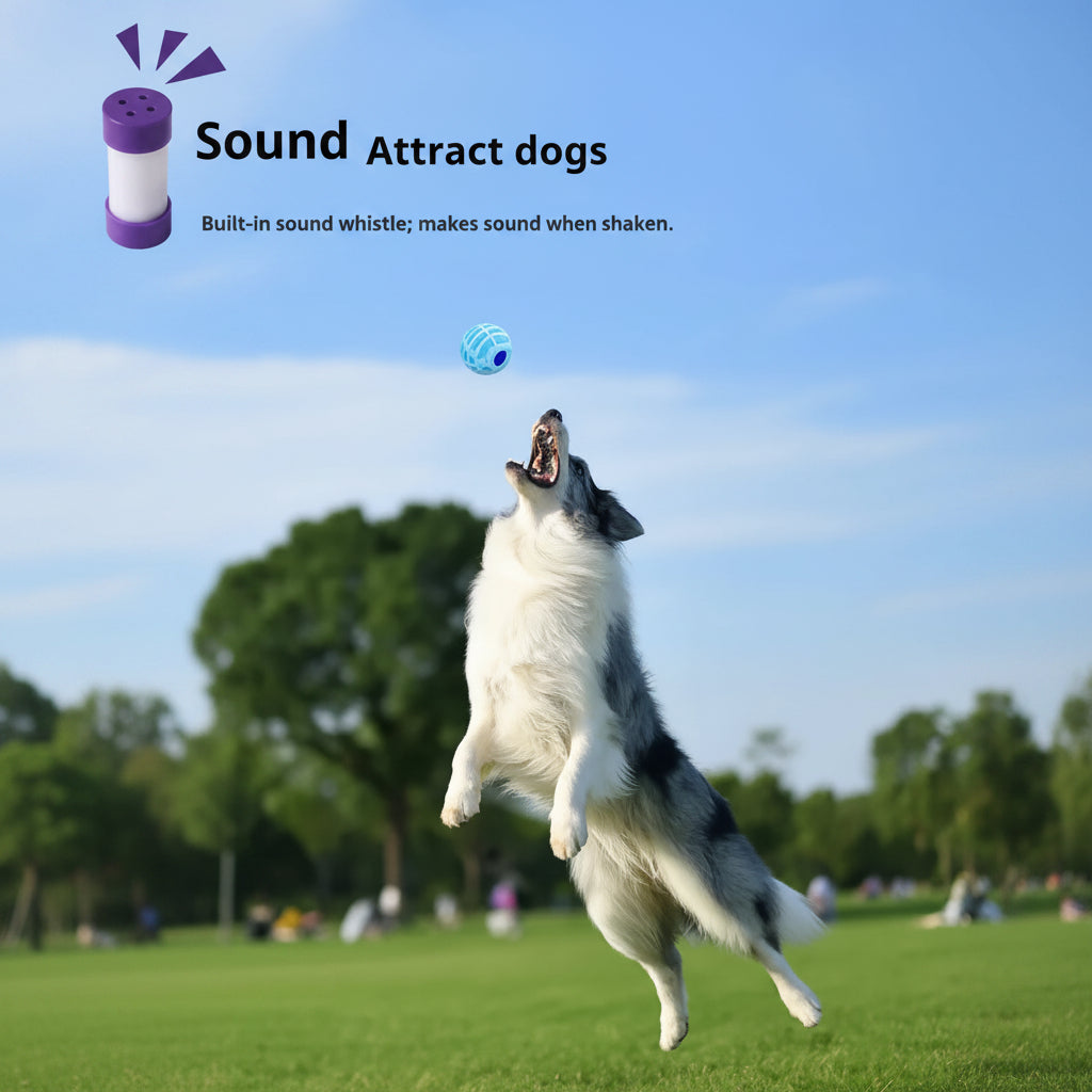 Dog playing with a toy in a park with a product labeled 'Sound Attract dogs' in the background.