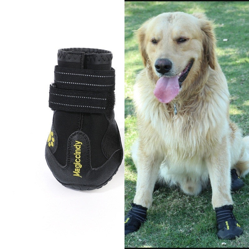 Black dog boot with yellow branding on a white background, next to a golden retriever wearing the boot outdoors.