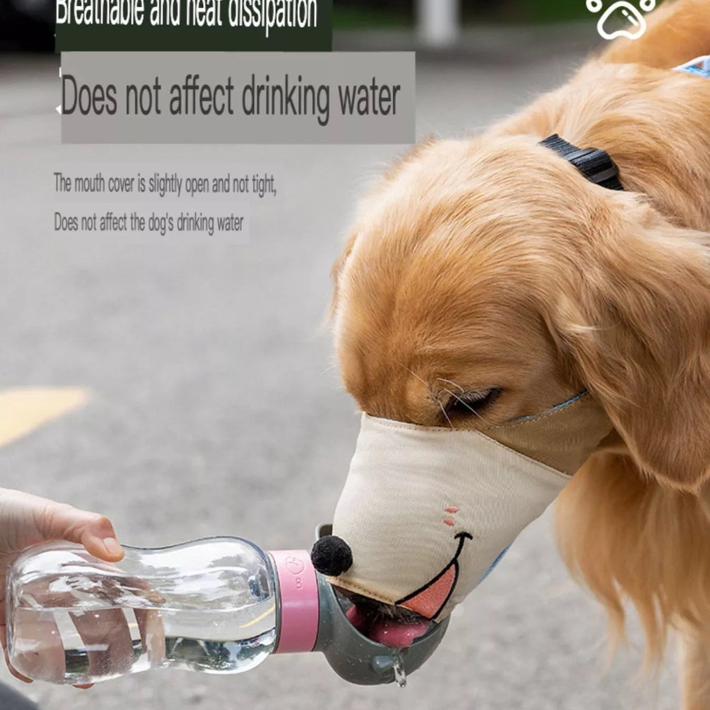 Dog wearing a muzzle with a water bottle, on a road background