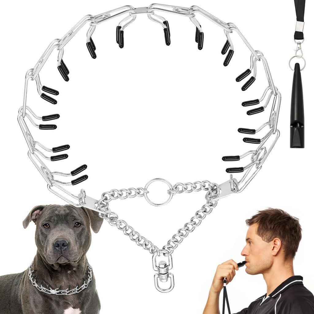 Dog training collar with black plastic clips and a tassel, shown with a dog and a person.