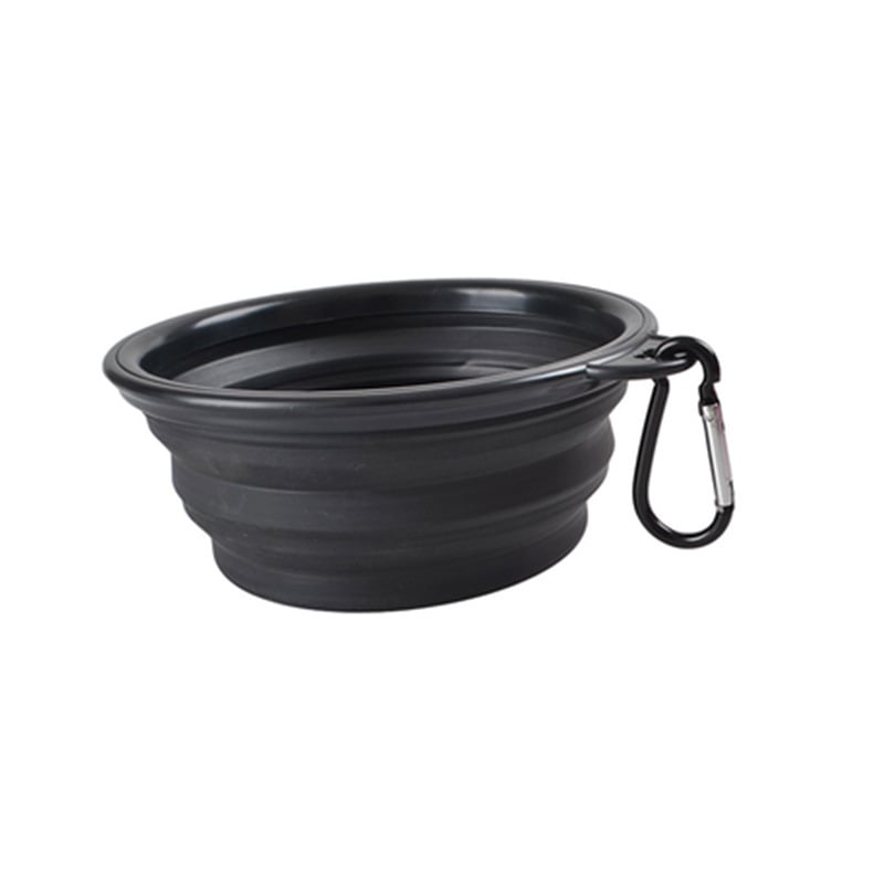 Black collapsible dog bowl with a carabiner on a white background
