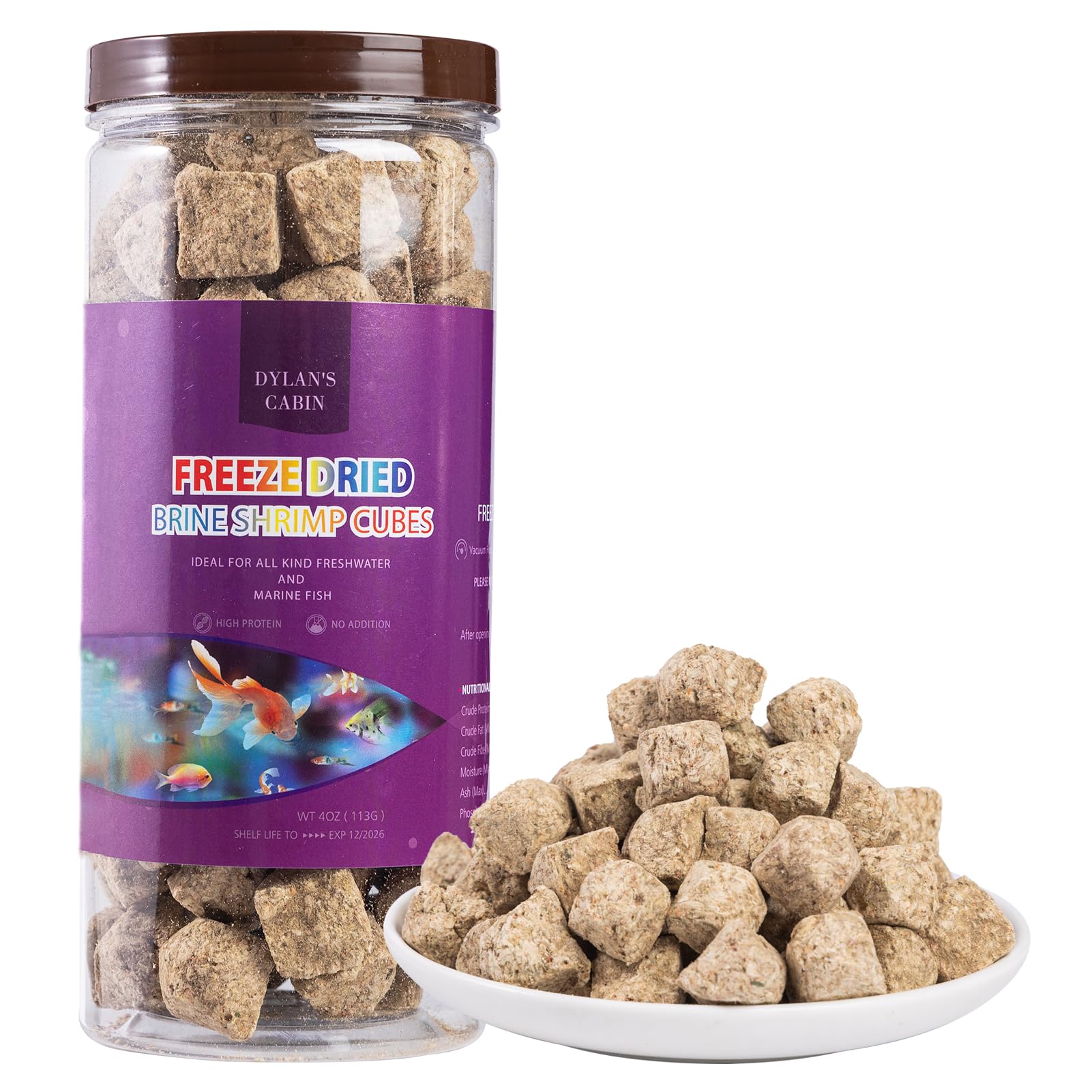 Jar of Dylan's Cabin freeze-dried brine shrimp cubes with product outside the jar on a white background