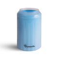 Blue cylindrical container with a white lid on a white background