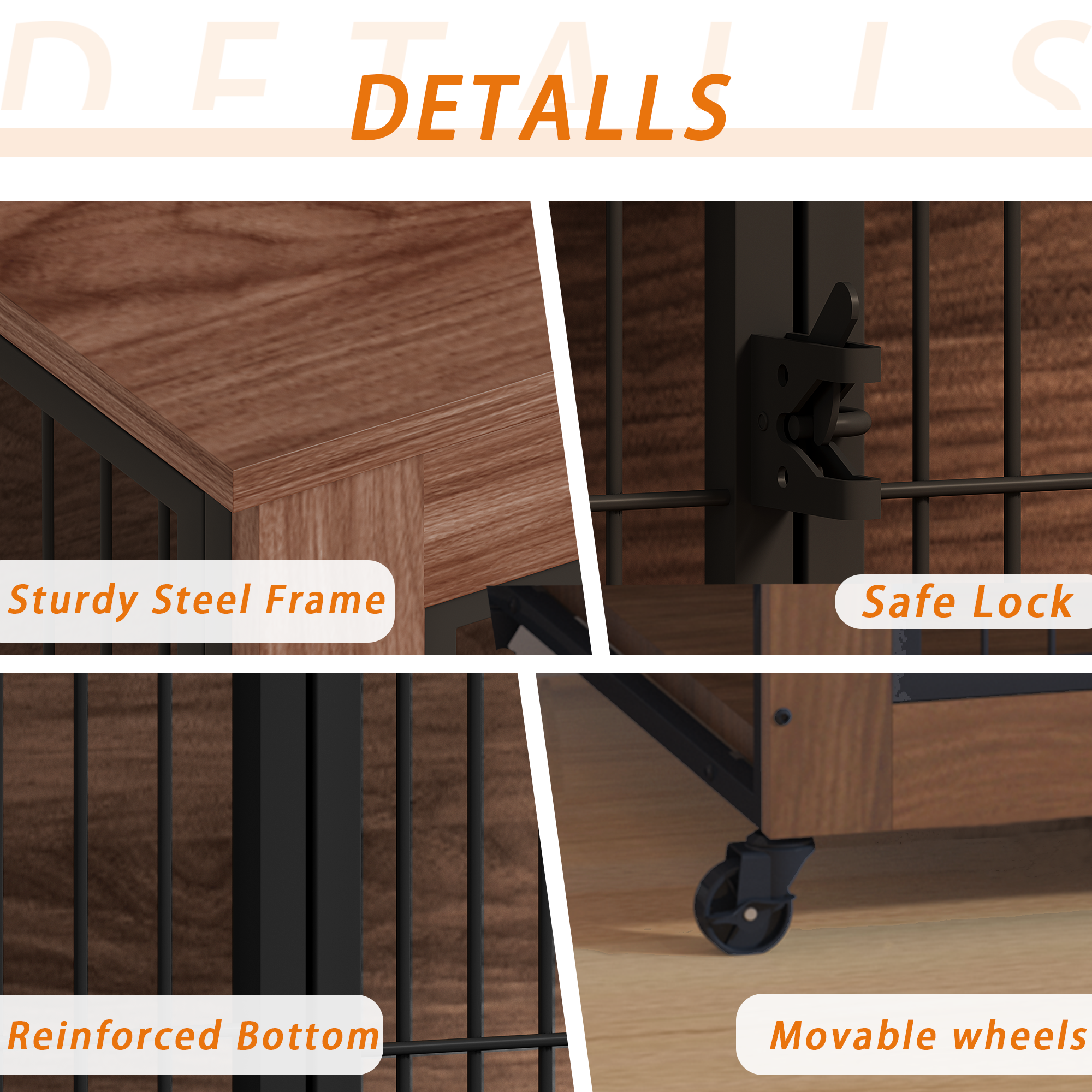 Collage of a wooden cart with features labeled including sturdy steel frame, safe lock, reinforced bottom, and movable wheels.