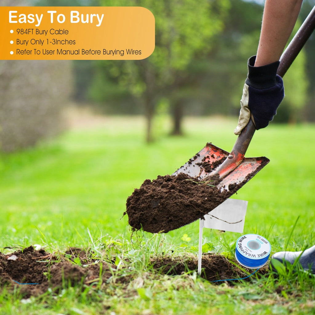 Person using a shovel to bury cable in the ground with text about 'Easy To Bury' cable.