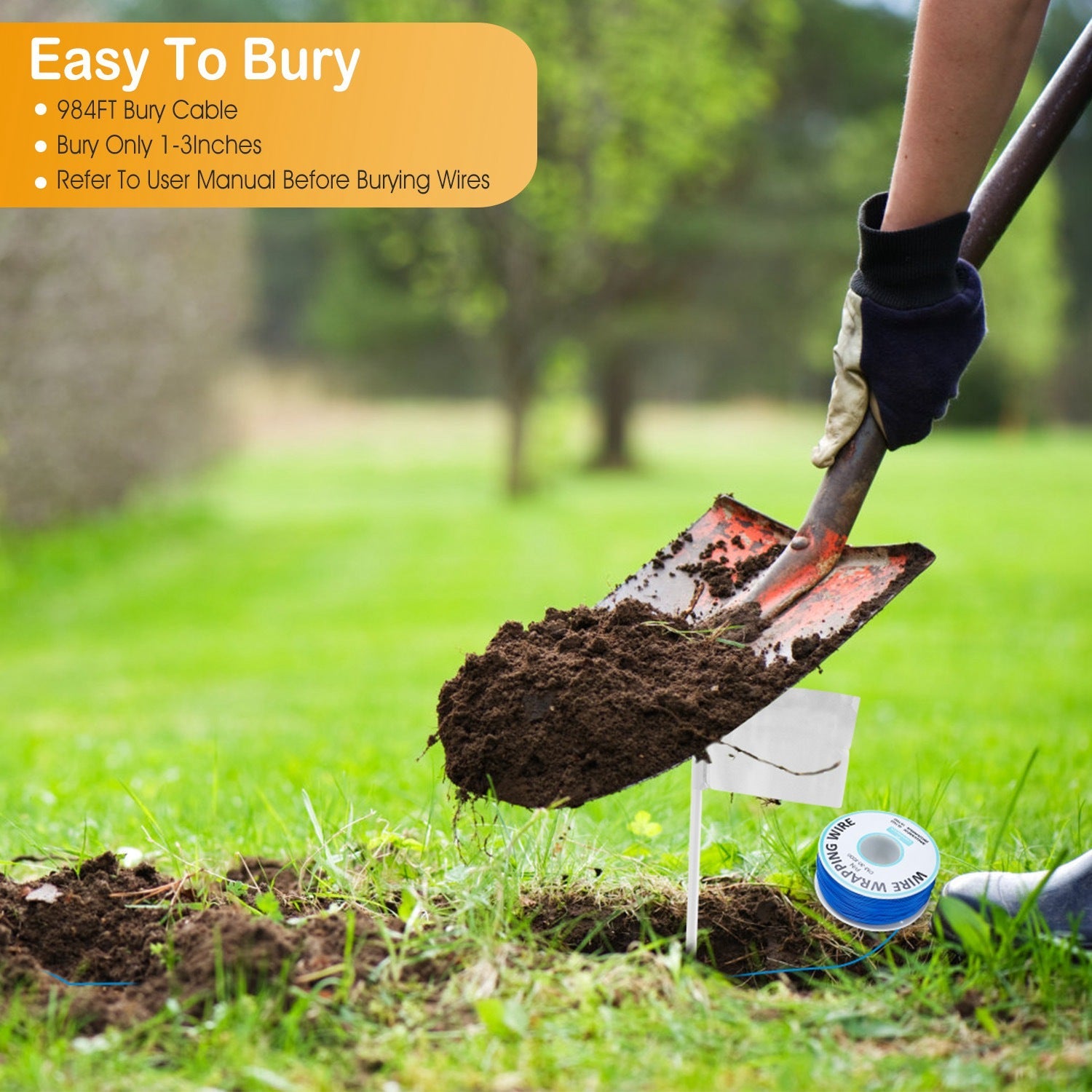 Person using a shovel to bury cable in the ground with text about 'Easy To Bury' cable.
