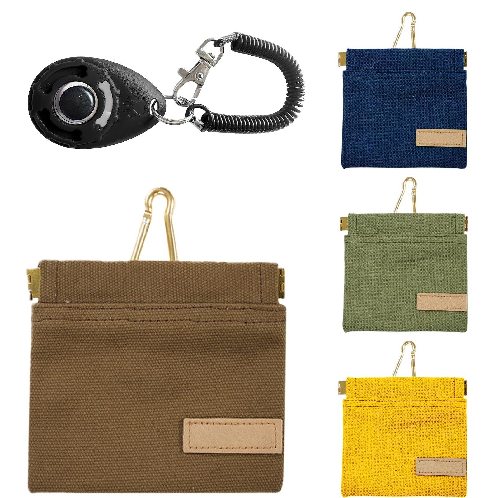 Collection of tactical pouches in different colors with keychains on a white background