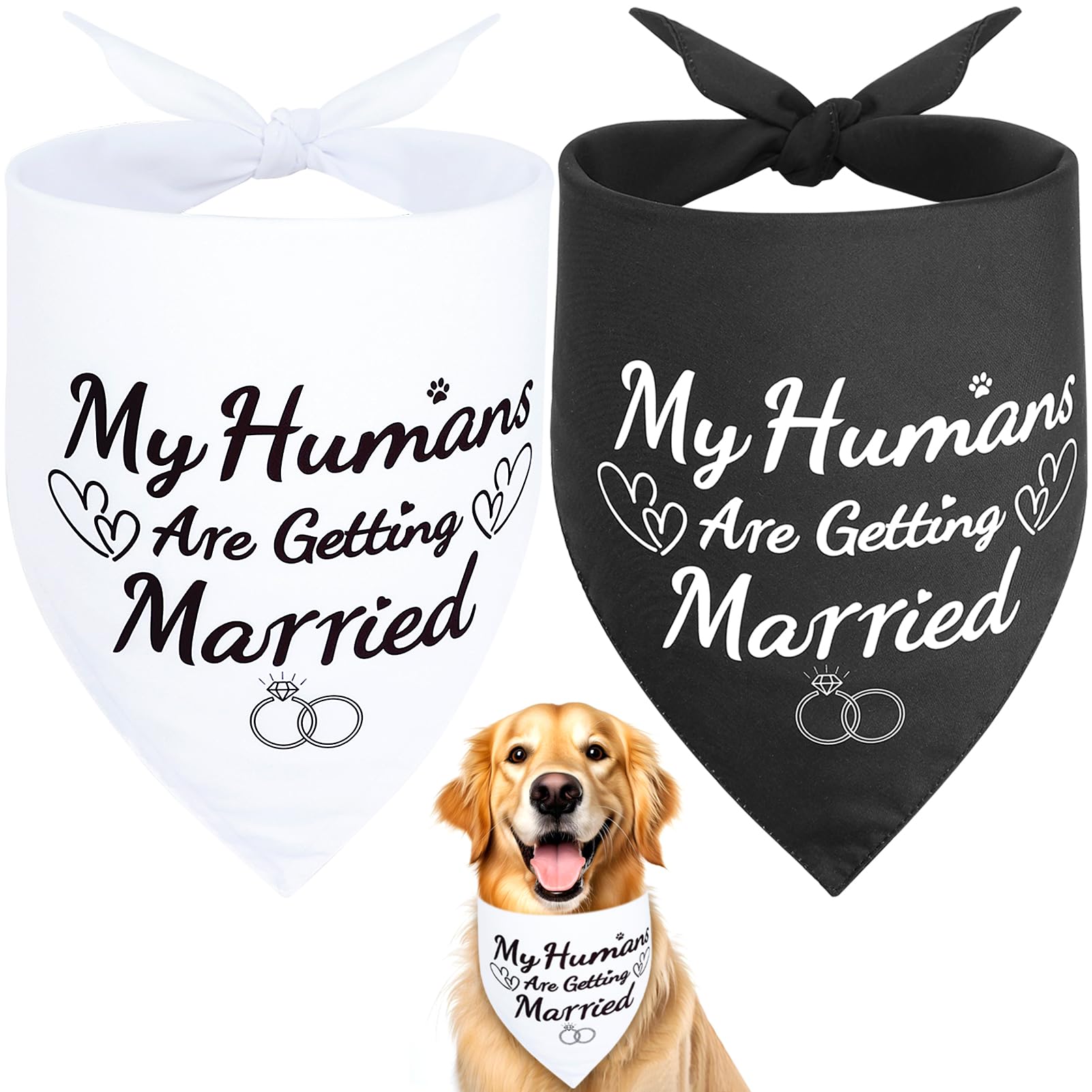 Two dog bandanas with 'My Humans Are Getting Married' text and a dog wearing one of them.