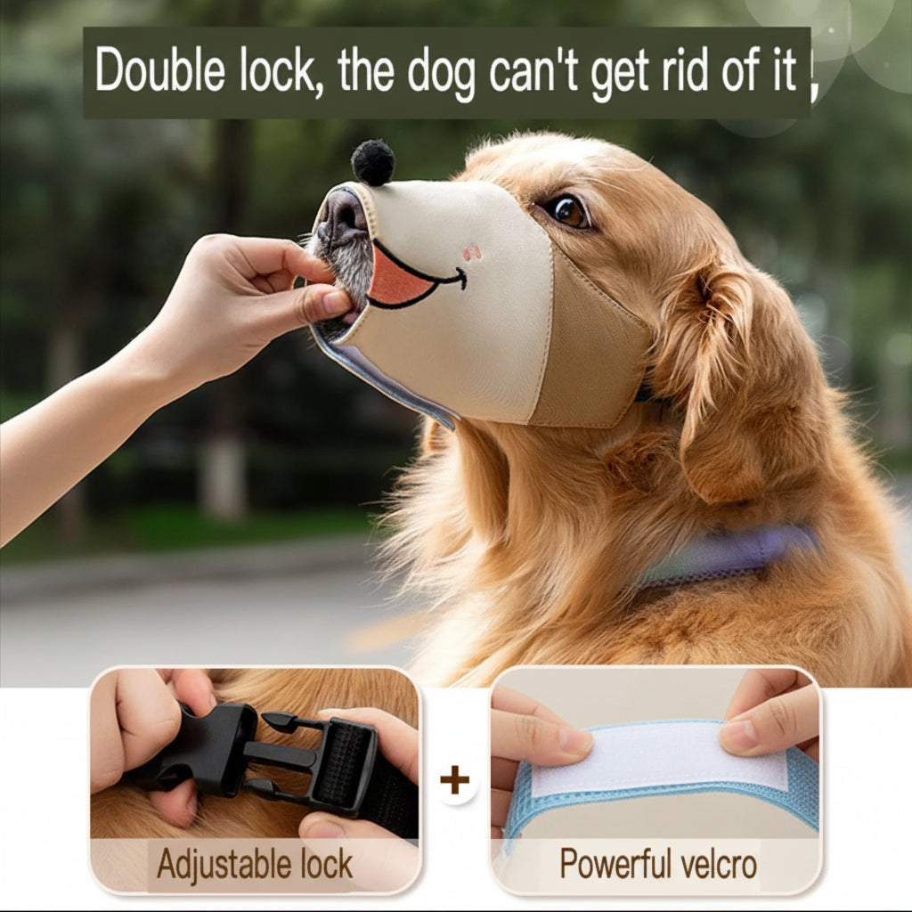Dog wearing a muzzle with text indicating it's double locked to prevent the dog from removing it.