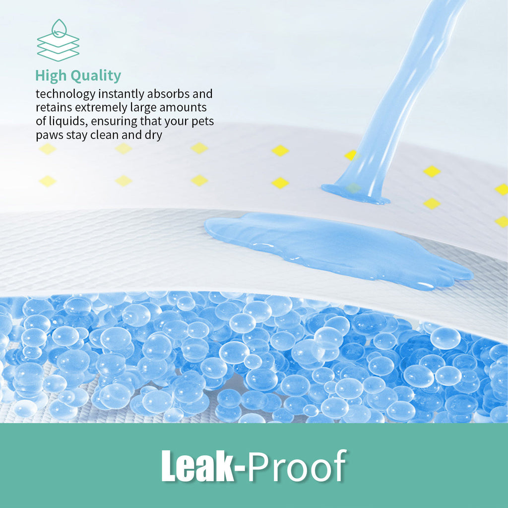 Leak-proof product with blue gel beads and text highlighting its properties.