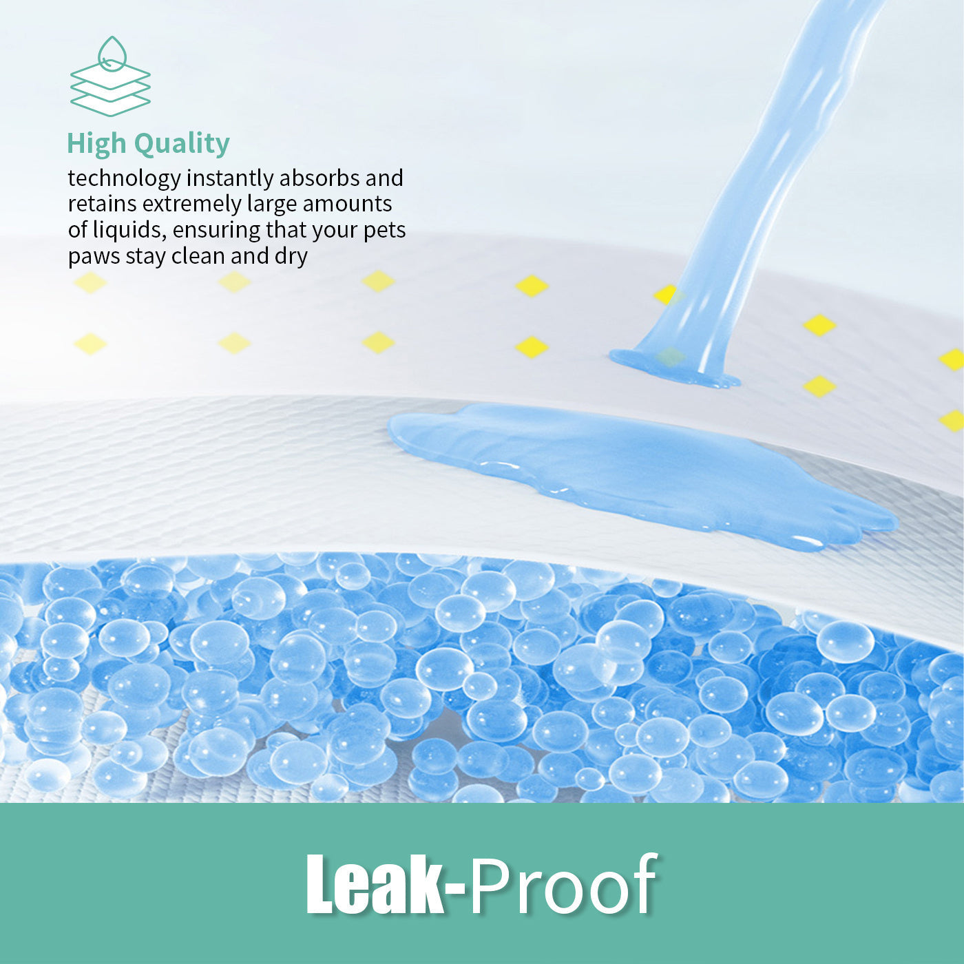 Leak-proof product with blue gel beads and text highlighting its properties.