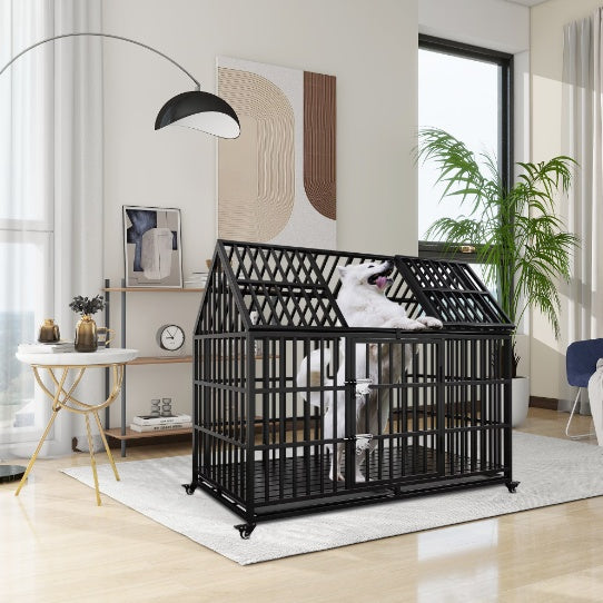 Heavy Duty Indestructible Dog Crate — 45", Pointed Roof, 2 Doors, Lockable Wheels, Escape-Proof (Black)