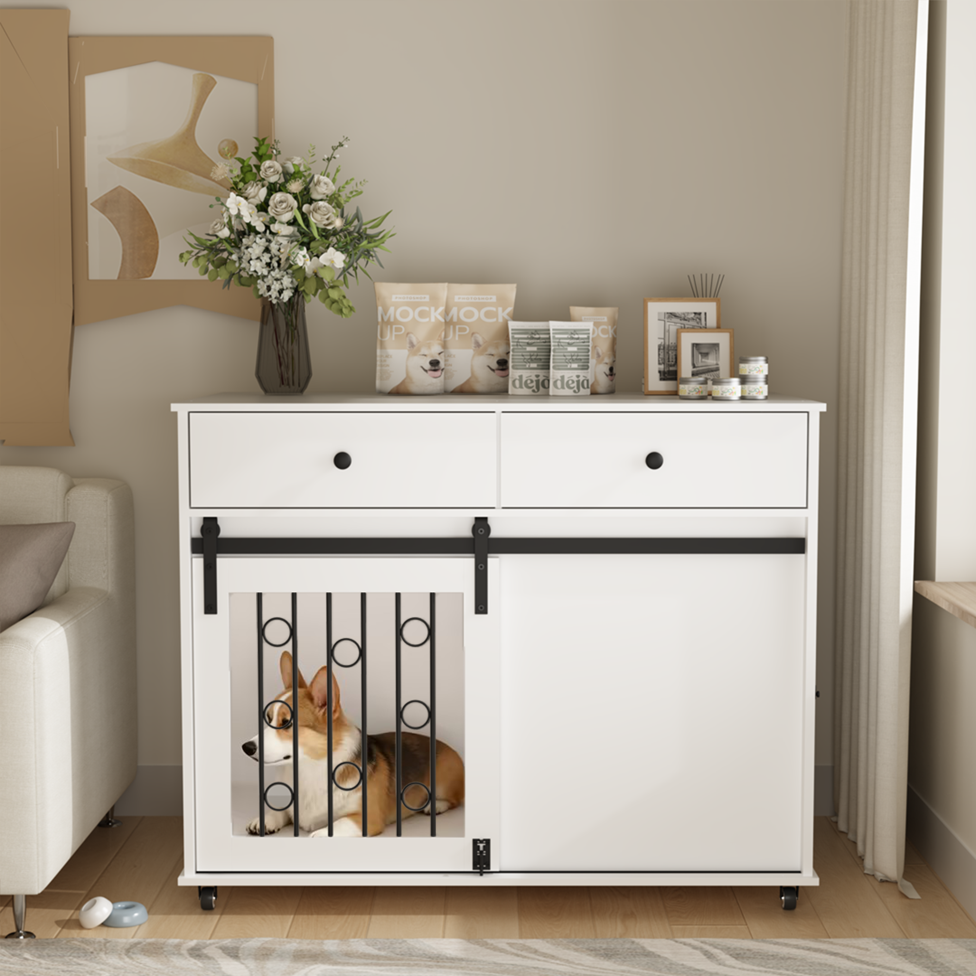 Modern Wooden Dog Crate Furniture with Sliding Barn Door – Indoor Pet Kennel
