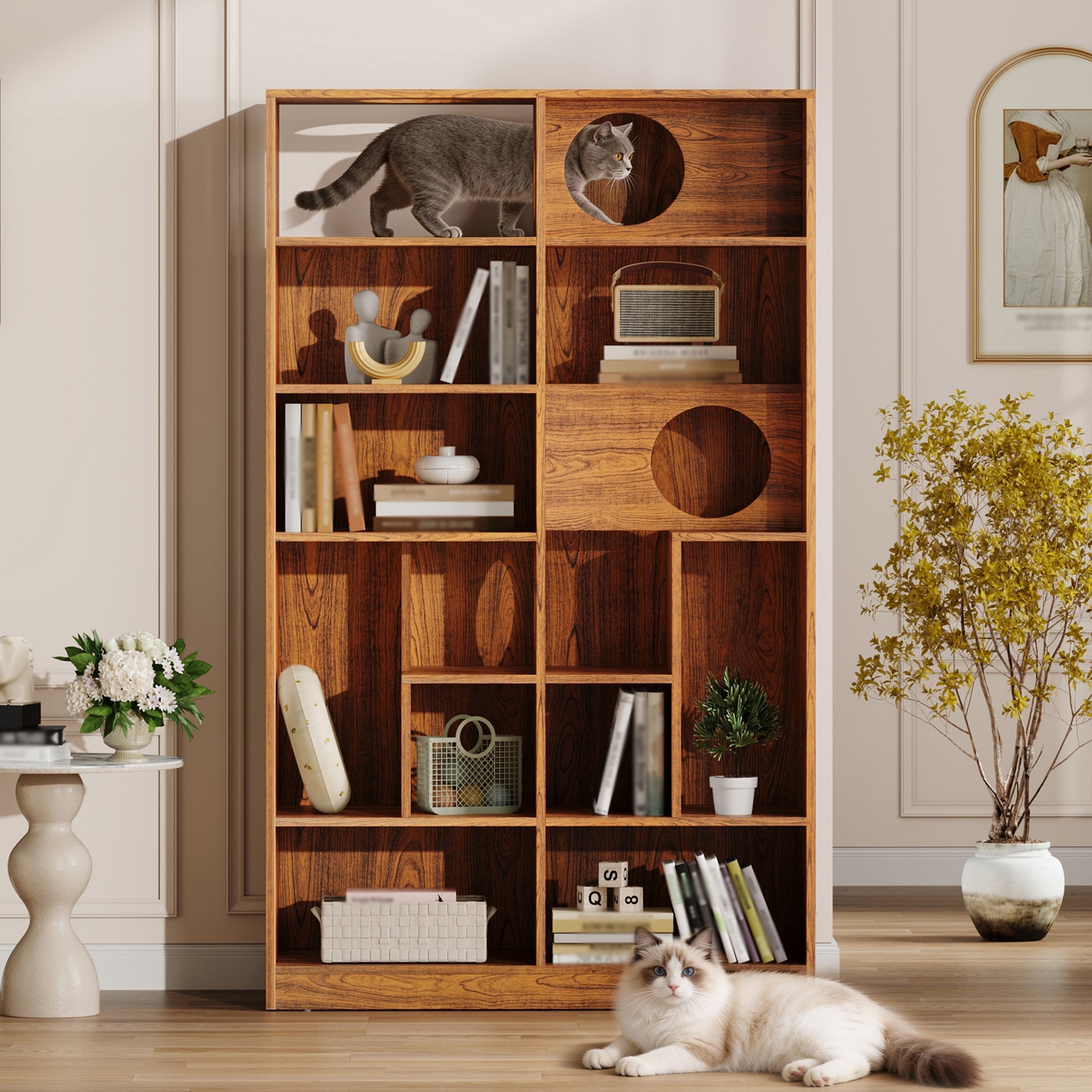 2-in-1 Cat House Bookshelf & Display Cabinet