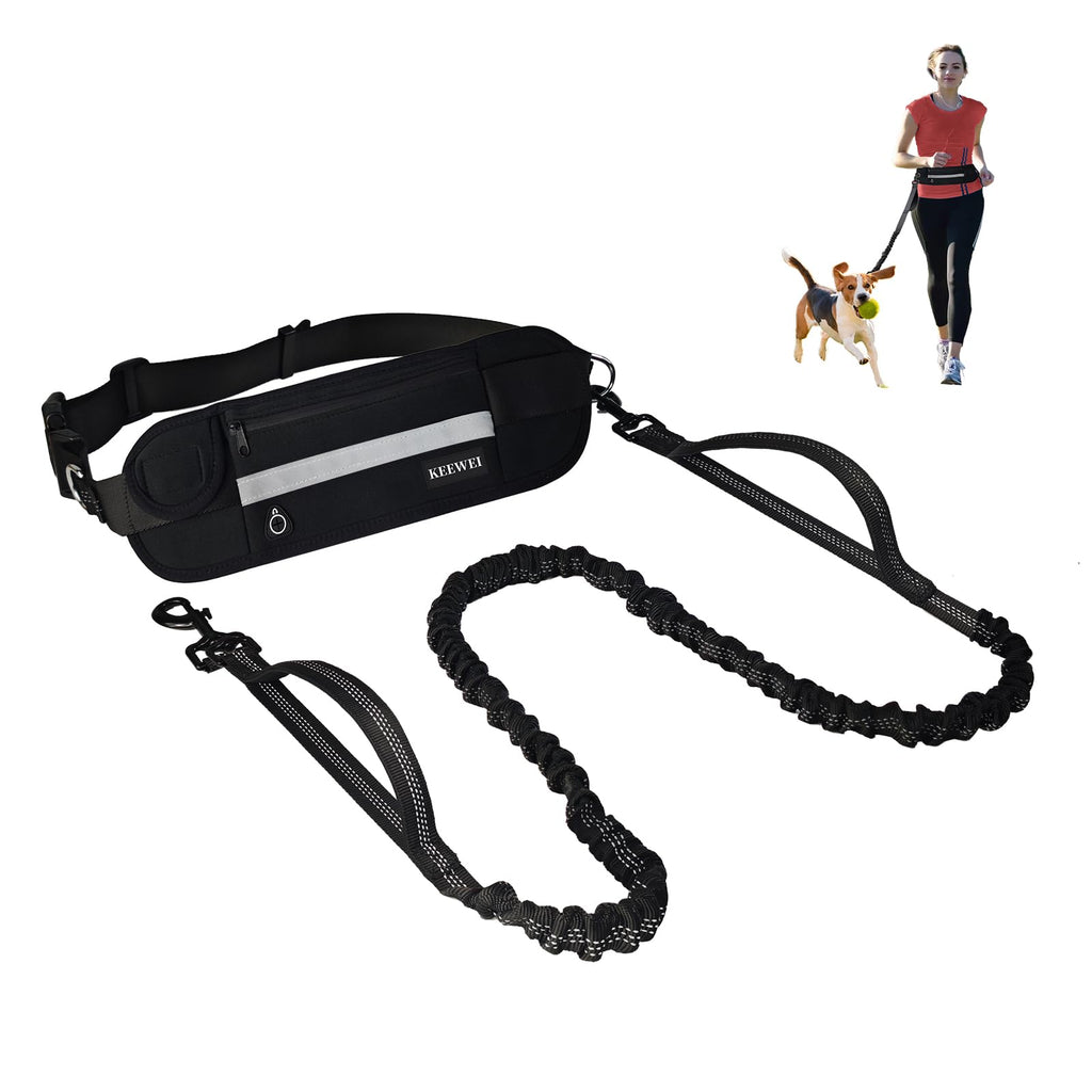 Black dog leash with attached waist bag on a white background