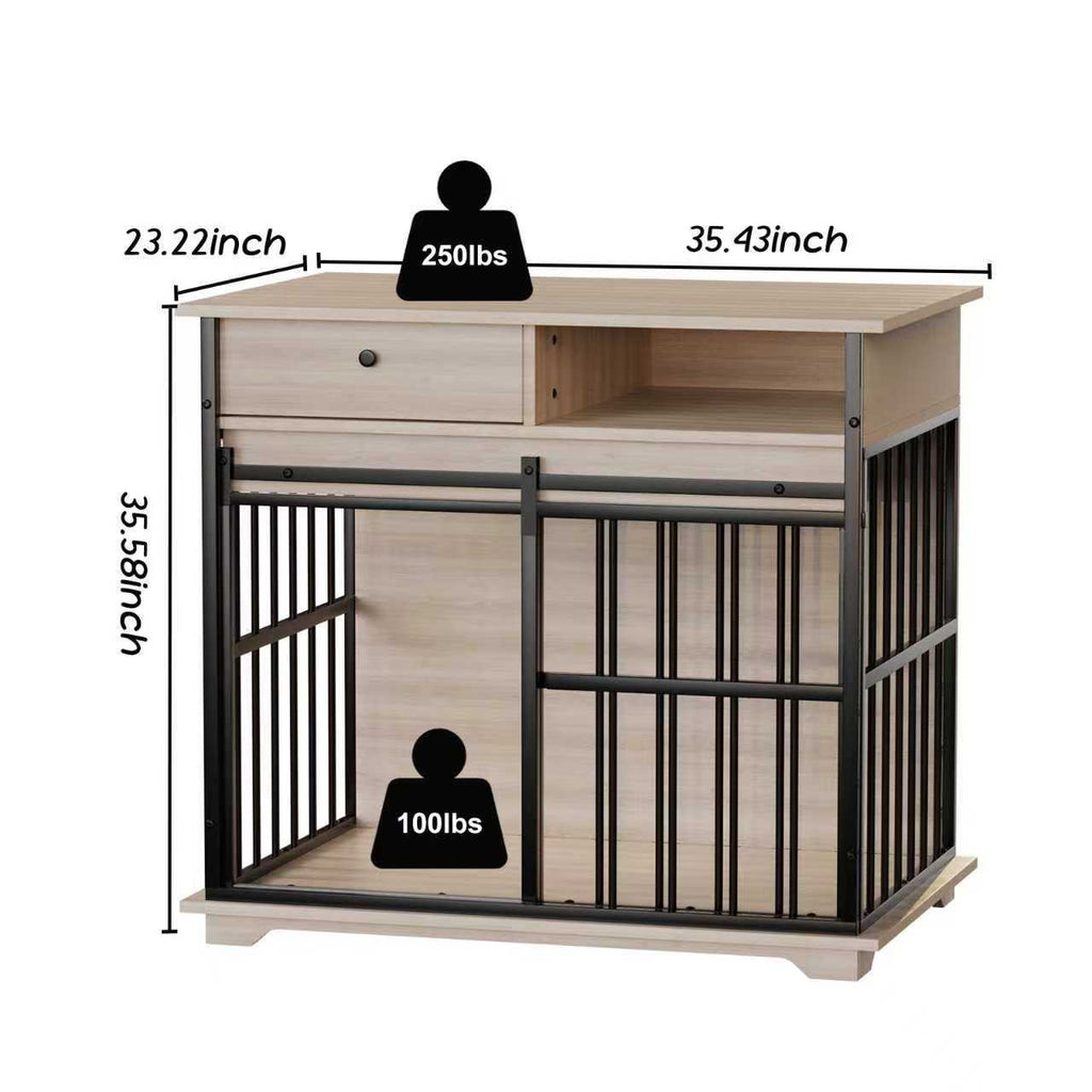 Dimensions of a wooden pet crate with metal bars and drawers, showing weight capacity labels.