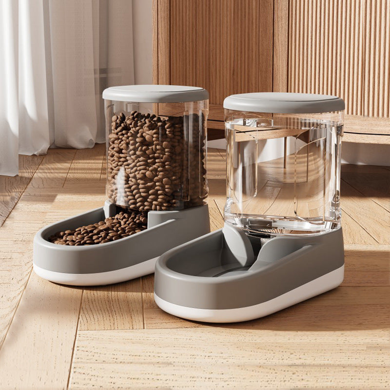 Pet food and water dispenser on a wooden floor with a neutral background