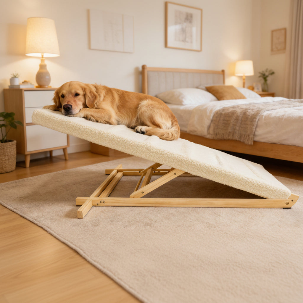 Dog lying on a wooden pet ramp in a bedroom