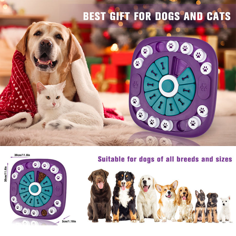 Dog and cat with a puzzle toy, suitable for all breeds and sizes, on a festive background.