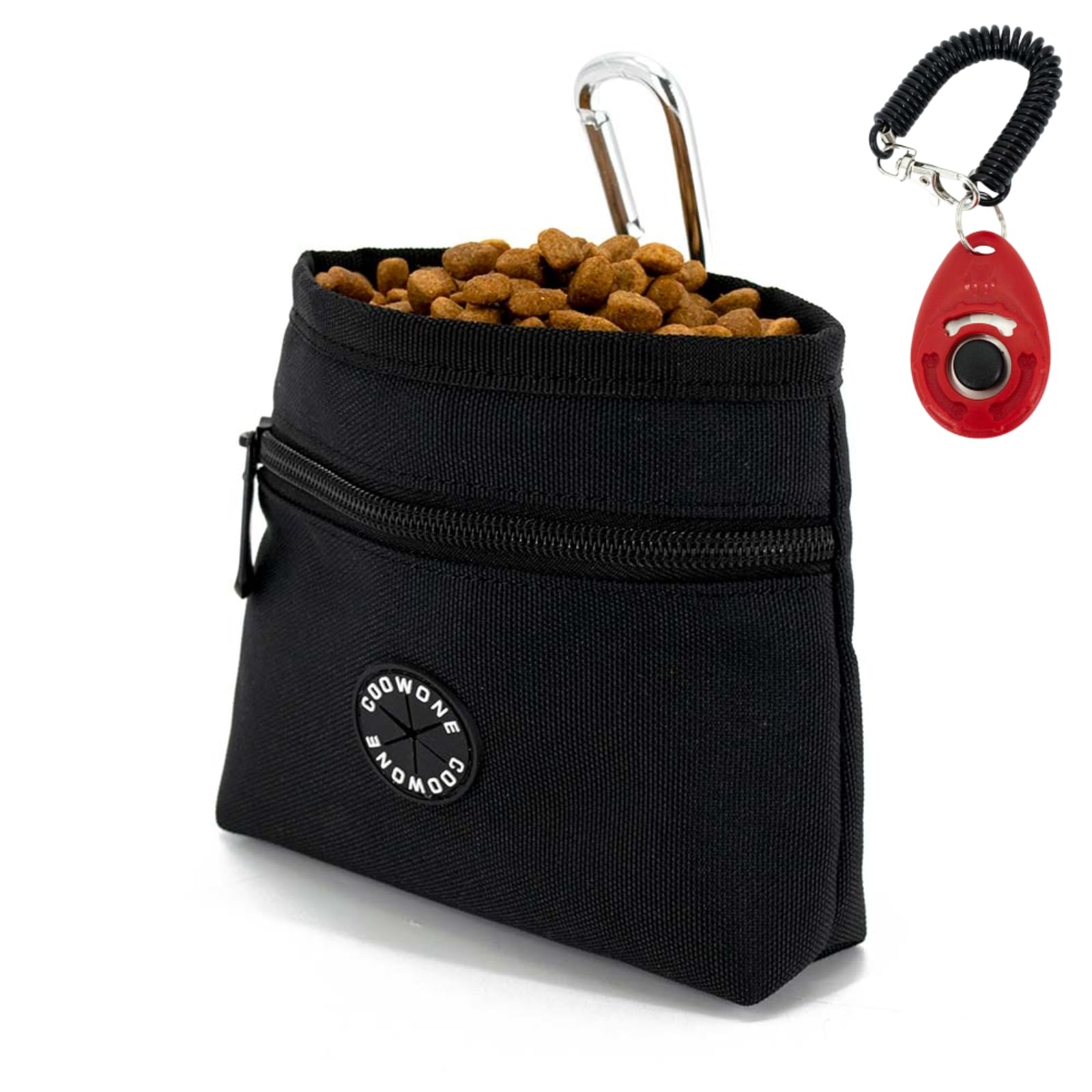 Black pet travel bag with food and a carabiner on a white background
