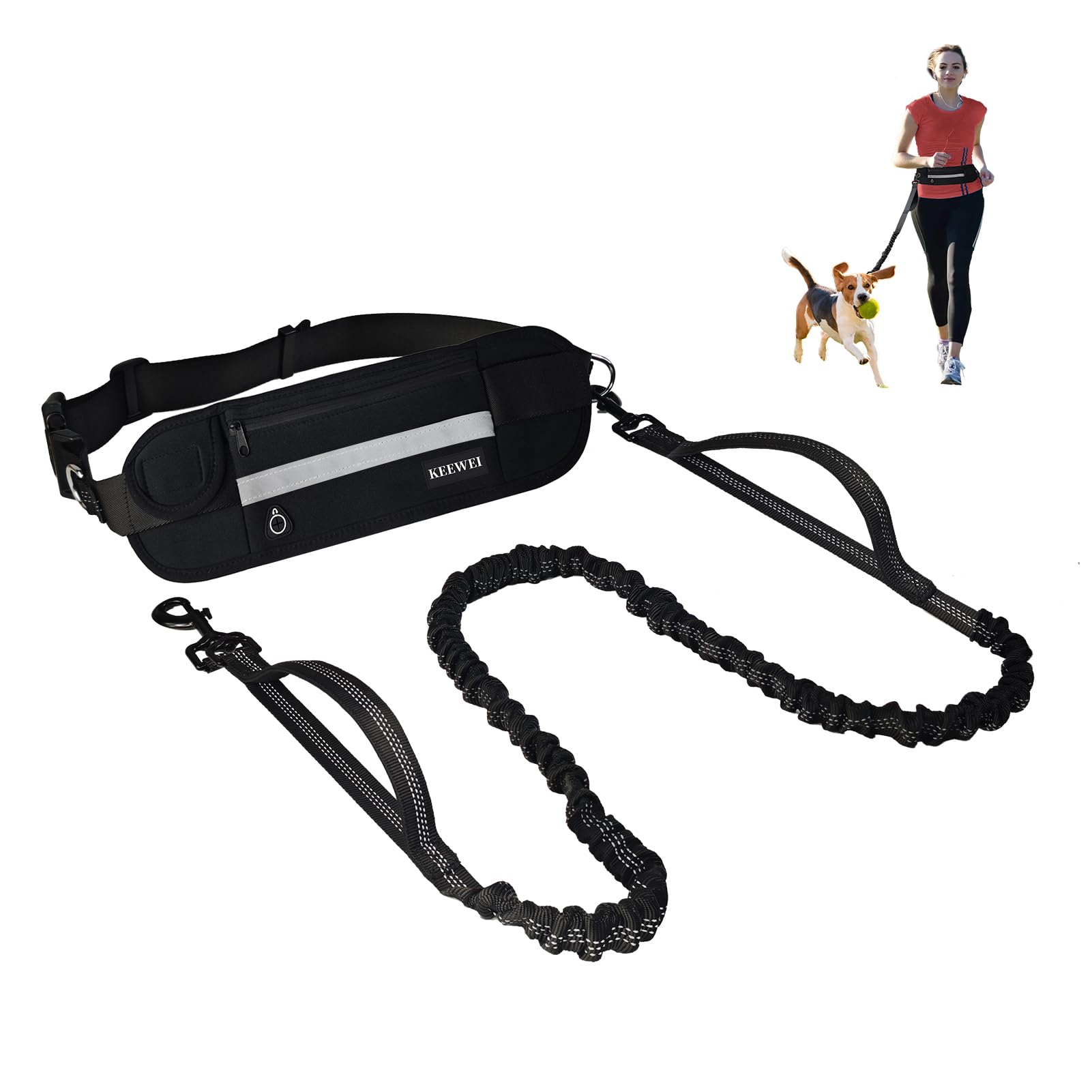 Black dog leash with attached waist bag on a white background