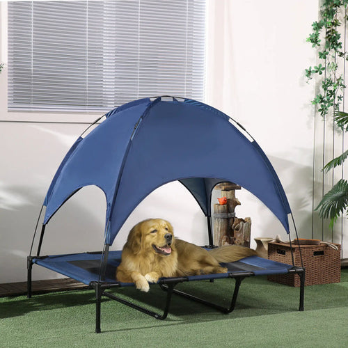 Dog lying on a blue pet cot with canopy in a room.