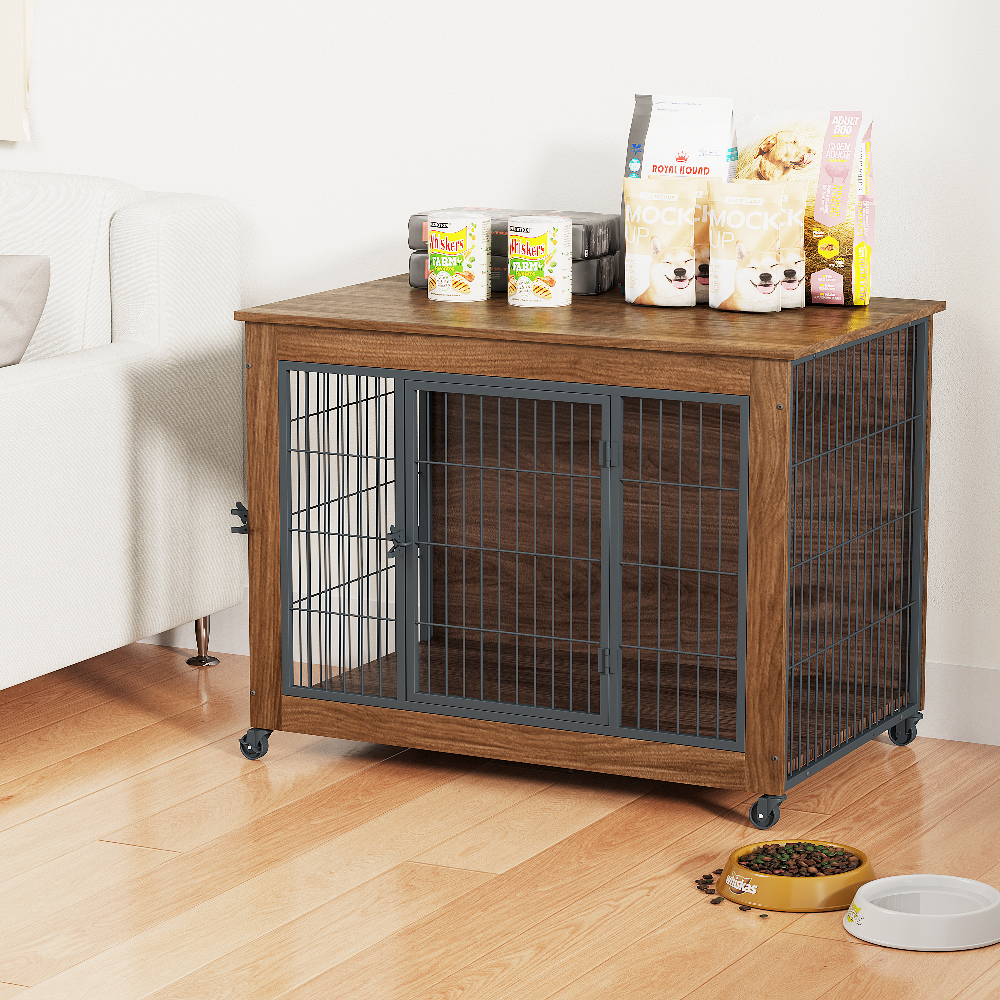 Wooden pet crate with wheels in a living room setting