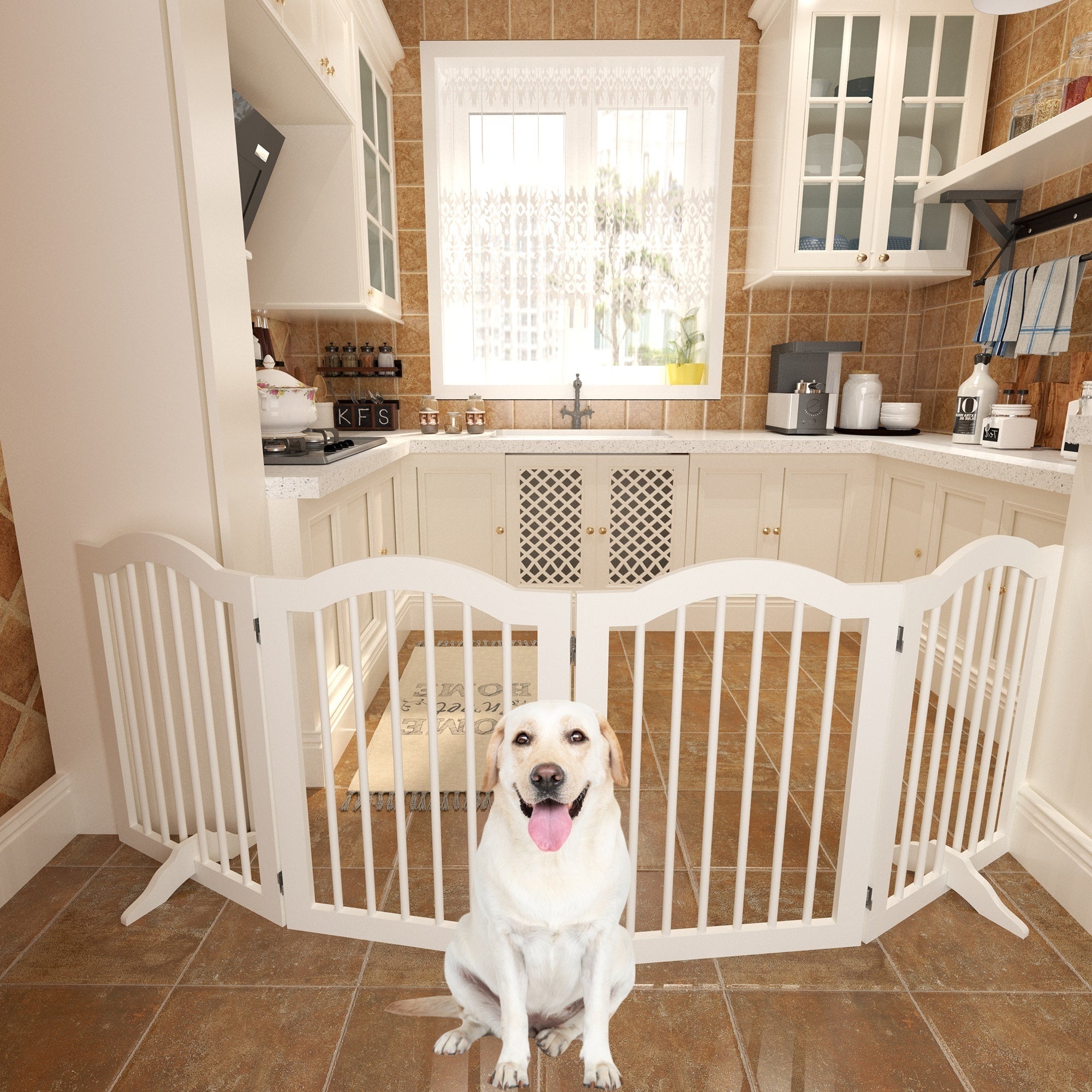 Dog sitting behind a white pet gate in a kitchen