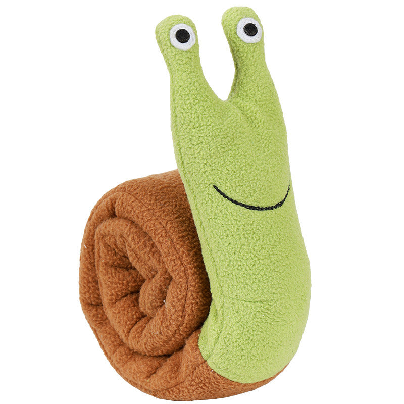 Plush toy snail with a smiling face on a white background