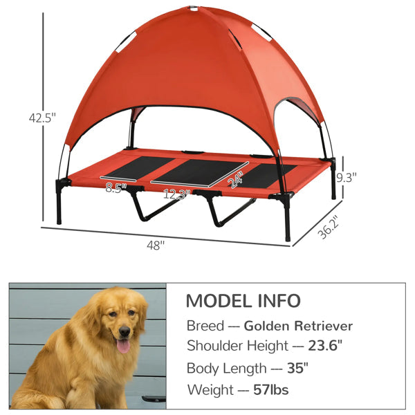 Red pet cot with canopy and dimensions, featuring a Golden Retriever model info.