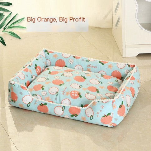 Pet bed with peach pattern on a light blue background