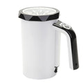 White mug with black handle and rim on a white background