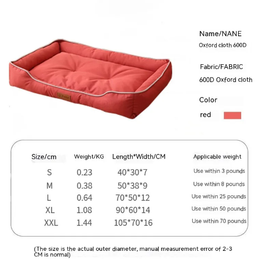 Red pet bed with size and weight information on a white background
