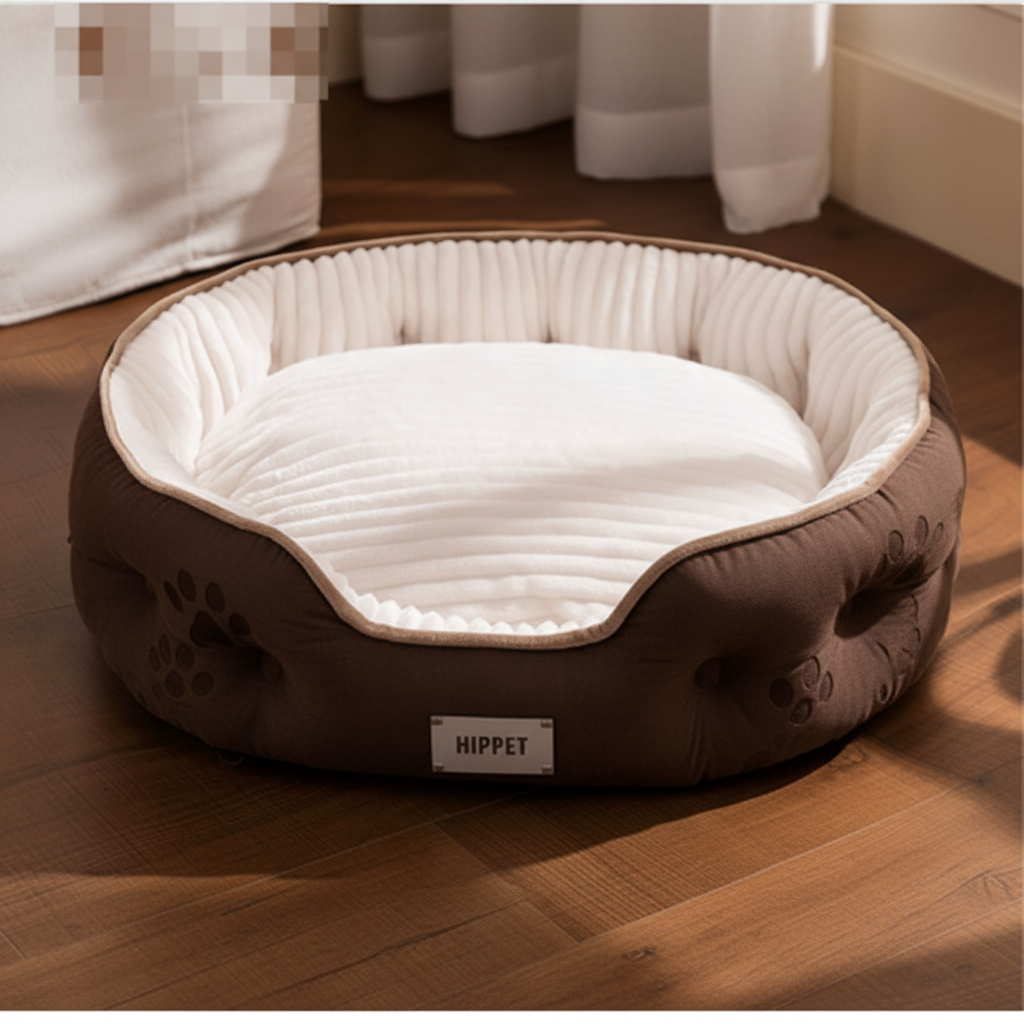 Brown pet bed with white interior on a wooden floor