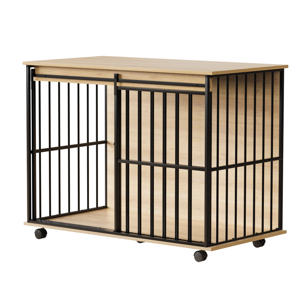 Wooden pet crate with metal bars on a white background